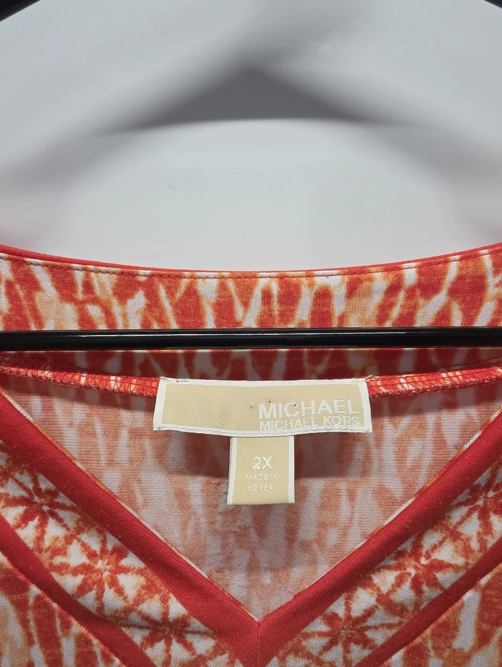 Michael Kors Top Orange Cream V-Neck Long Sleeve Patterned Boho Chic Women 2X